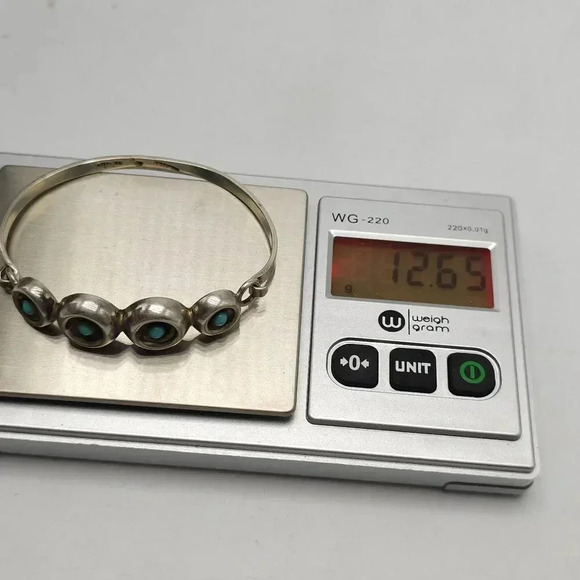 Vintage Sterling Silver Blue Turquoise Circle Eye Bangle Bracelet Mexico - Picture 7 of 8